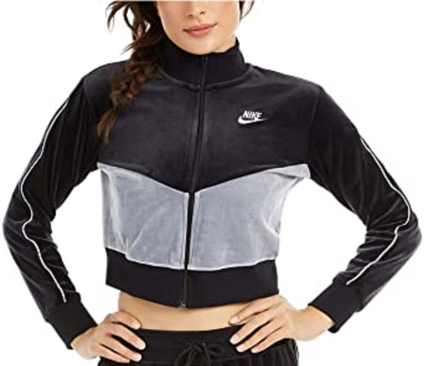 Jaqueta Nike Sportswear Velour Colorblocked Feminina, Cinza Escuro, Tamanho Pequeno