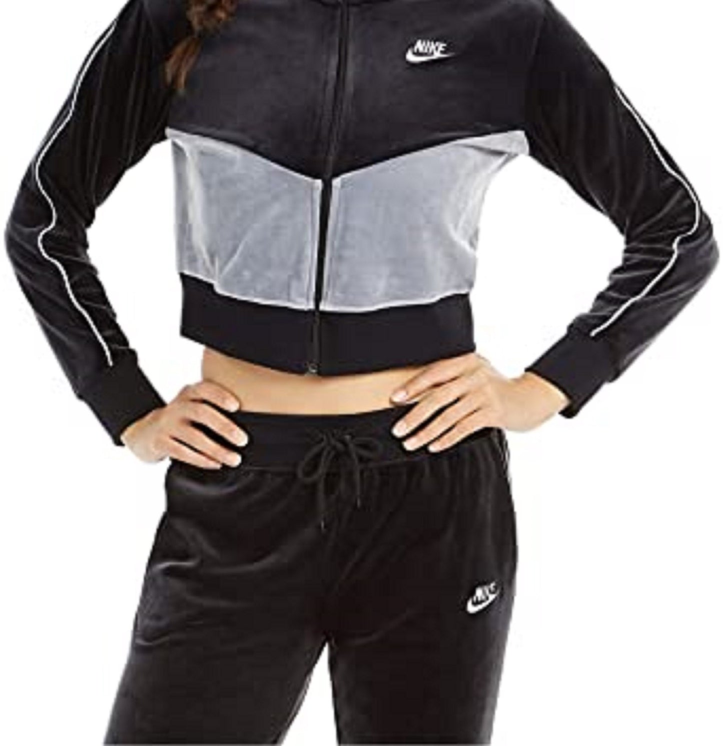 Jaqueta Nike Sportswear Velour Colorblocked Feminina, Cinza Escuro, Tamanho Pequeno