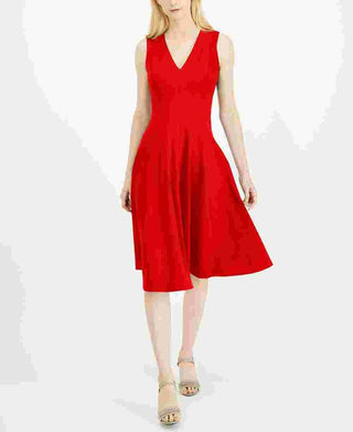 Vestido midi Calvin Klein feminino, ajuste e flare, vermelho, tamanho 4