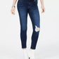 Calça jeans skinny cropped rasgada rosa da Celebrity Junior, tamanho 7, azul