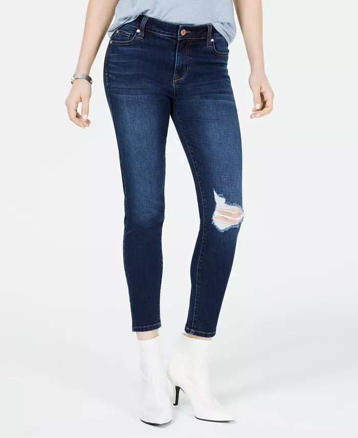 Calça jeans skinny cropped rasgada rosa da Celebrity Junior, tamanho 7, azul
