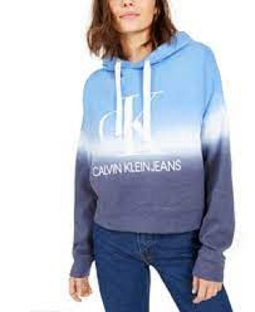 Calvin Klein Moletom Cropped Feminino com Capuz e Estampa Tie-Dye Azul Tamanho X-G