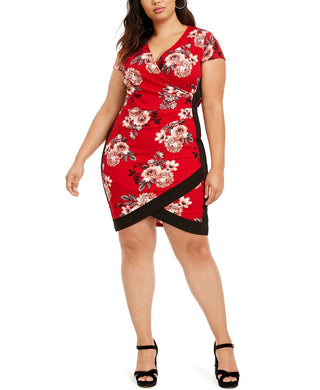 Vestido curto com manga curta e decote em V, estilo quase famoso, feminino, vermelho, tamanho 2X