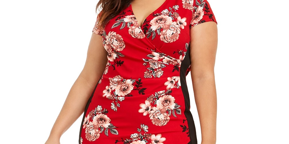 Vestido curto com manga curta e decote em V, estilo quase famoso, feminino, vermelho, tamanho 2X