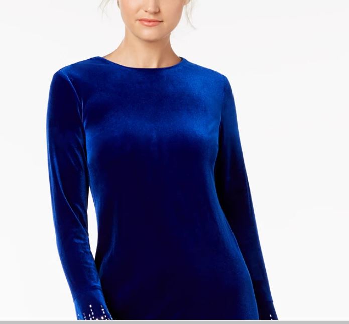 Vestido de coquetel curto Calvin Klein feminino, com strass, zíper, manga sino, gola redonda, azul, tamanho 6, pequeno