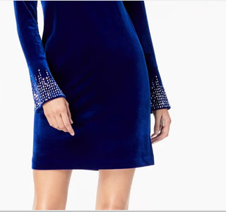 Vestido de coquetel curto Calvin Klein feminino, com strass, zíper, manga sino, gola redonda, azul, tamanho 6, pequeno