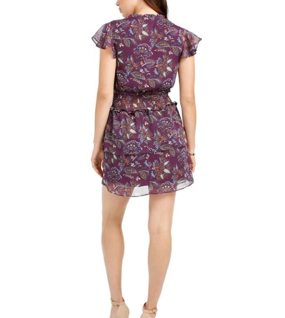 Vestido feminino com estampa floral franzida e perguntas e respostas, roxo, tamanho médio