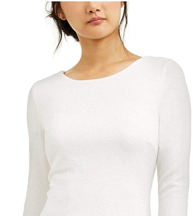 Vestido de noite feminino Speechless, manga longa, gola alta, acima do joelho, cor marfim e glitter, tamanho 7