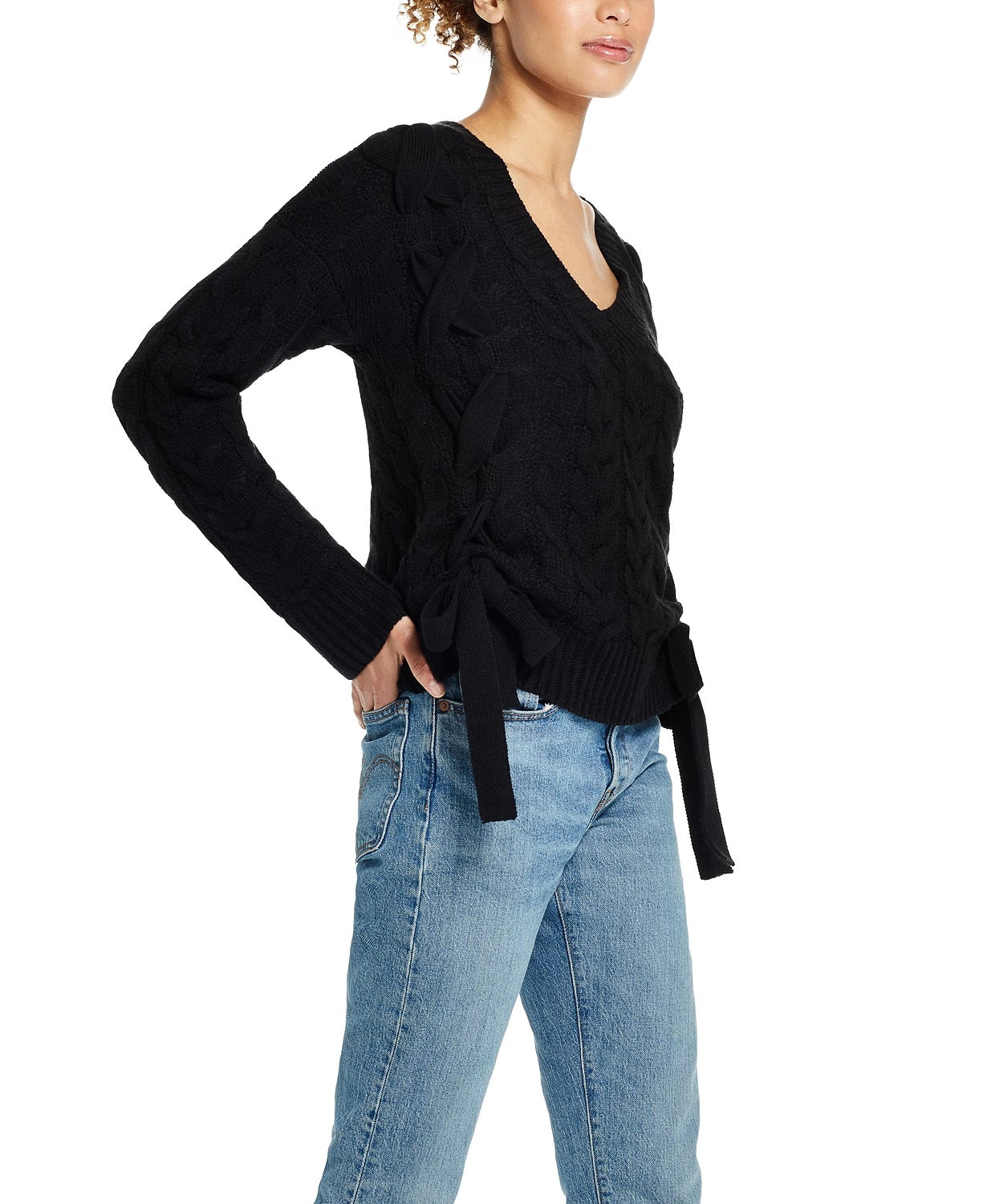 Suéter vintage feminino à prova de intempéries com amarração lateral, preto, tamanho grande