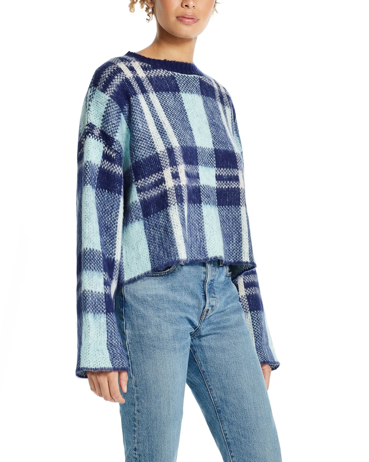 Suéter feminino xadrez vintage à prova de intempéries com manga sino, azul, tamanho extrapequeno