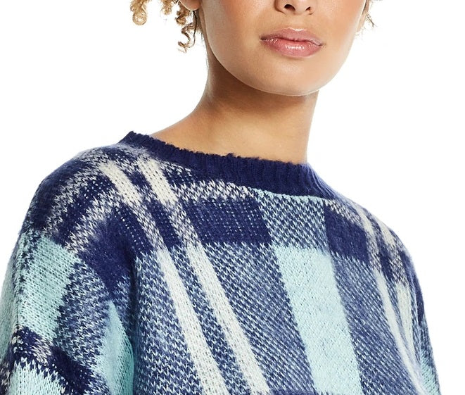 Suéter feminino xadrez vintage à prova de intempéries com manga sino, azul, tamanho extrapequeno