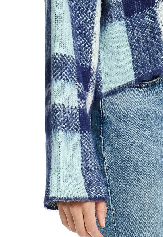 Suéter feminino xadrez vintage à prova de intempéries com manga sino, azul, tamanho extrapequeno