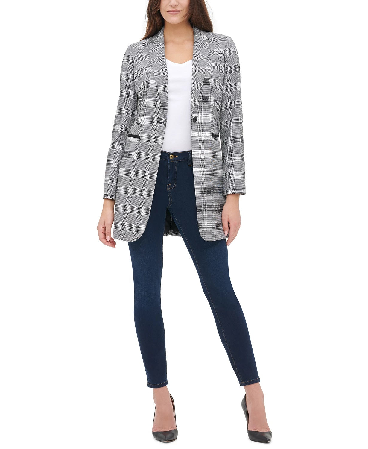 Tommy Hilfiger Blazer feminino xadrez com um botão e cotovelo cinza, tamanho 8