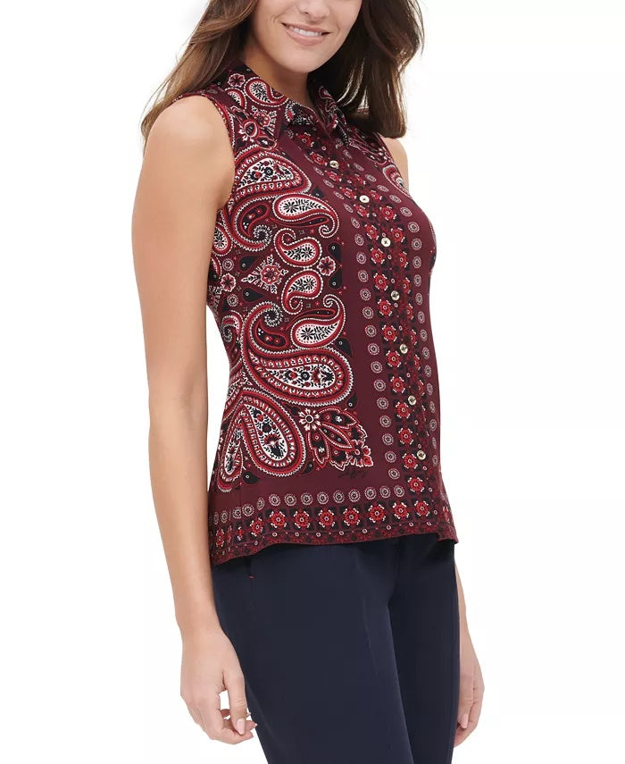 Blusa Tommy Hilfiger Feminina Estampada Paisley com Botões e Gola Vermelha Tamanho Médio