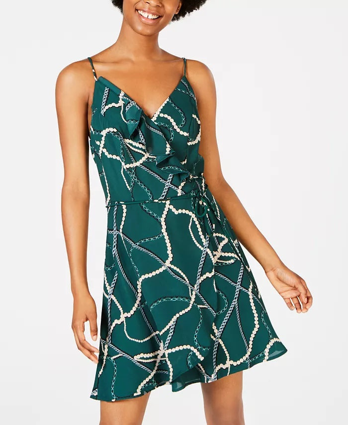 Vestido curto com alças finas e babados, estampado, gola V, estilo envelope falso, verde, tamanho 1, da Teeze Me para mulheres