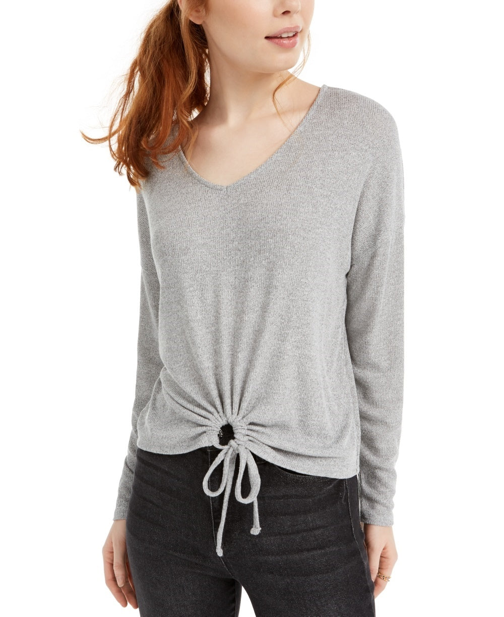 Top Hippie Rose Junior com decote em V e bainha amarrada, cinza, tamanho grande