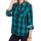 Camisa feminina Tommy Hilfiger com estampa xadrez e botões, verde, tamanho XS