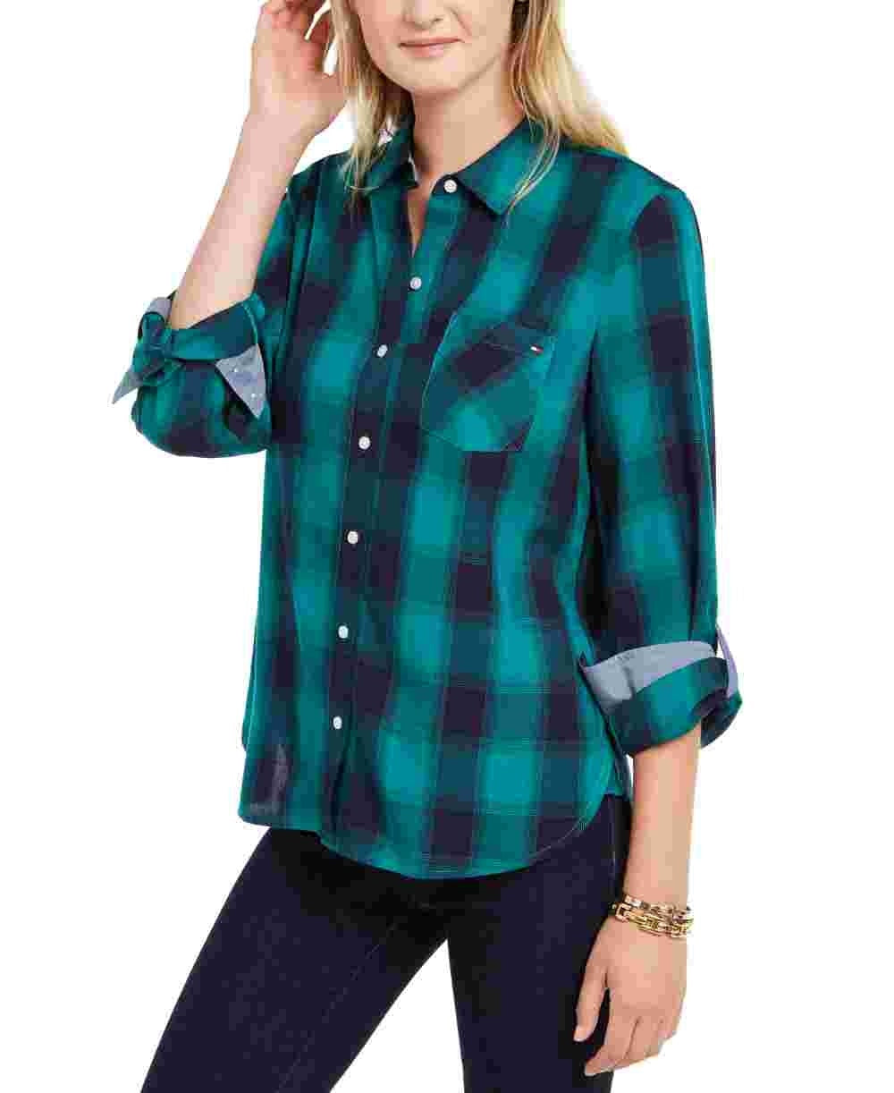 Camisa feminina Tommy Hilfiger com estampa xadrez e botões, verde, tamanho XS