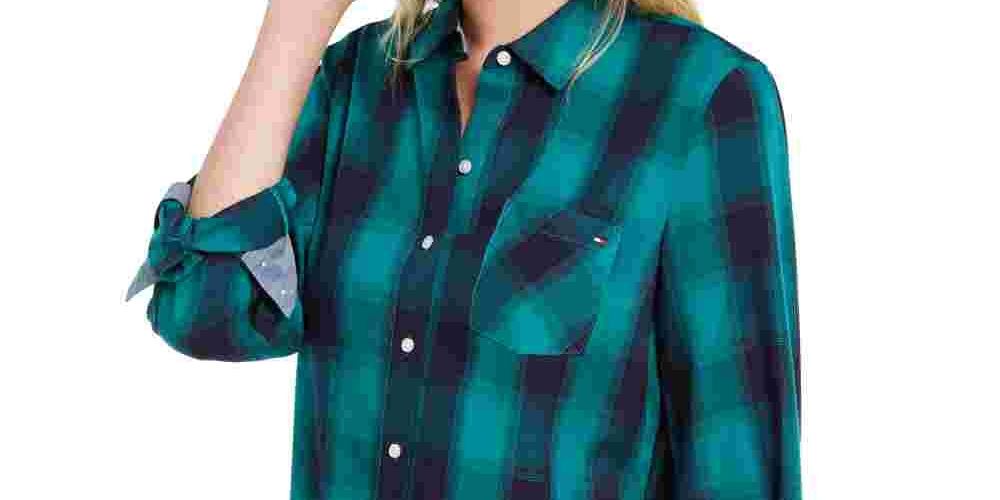 Camisa feminina Tommy Hilfiger com estampa xadrez e botões, verde, tamanho XS