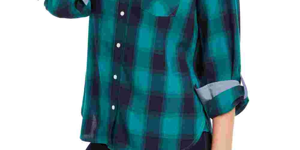 Camisa feminina Tommy Hilfiger com estampa xadrez e botões, verde, tamanho XS