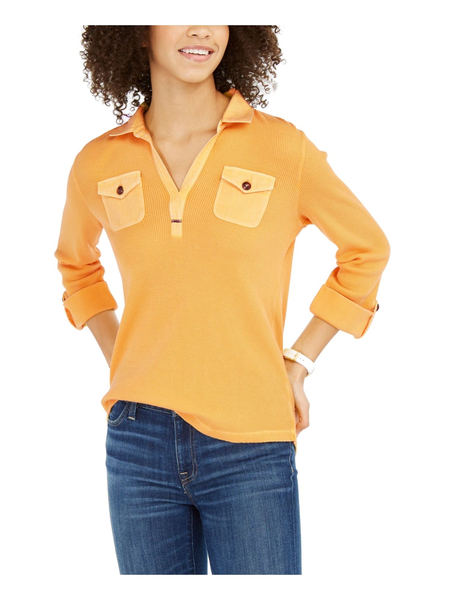 Blusa feminina Tommy Hilfiger Waffle Knit manga comprida gola alta amarela tamanho GG