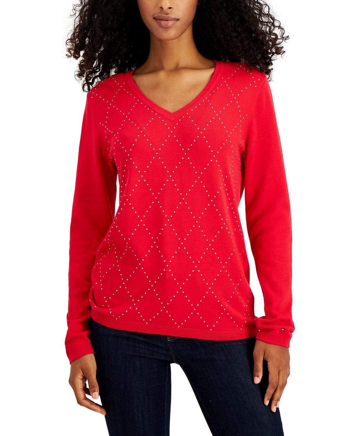 Suéter Tommy Hilfiger Feminino de Algodão Argyle com Tachas Vermelho Tamanho Grande