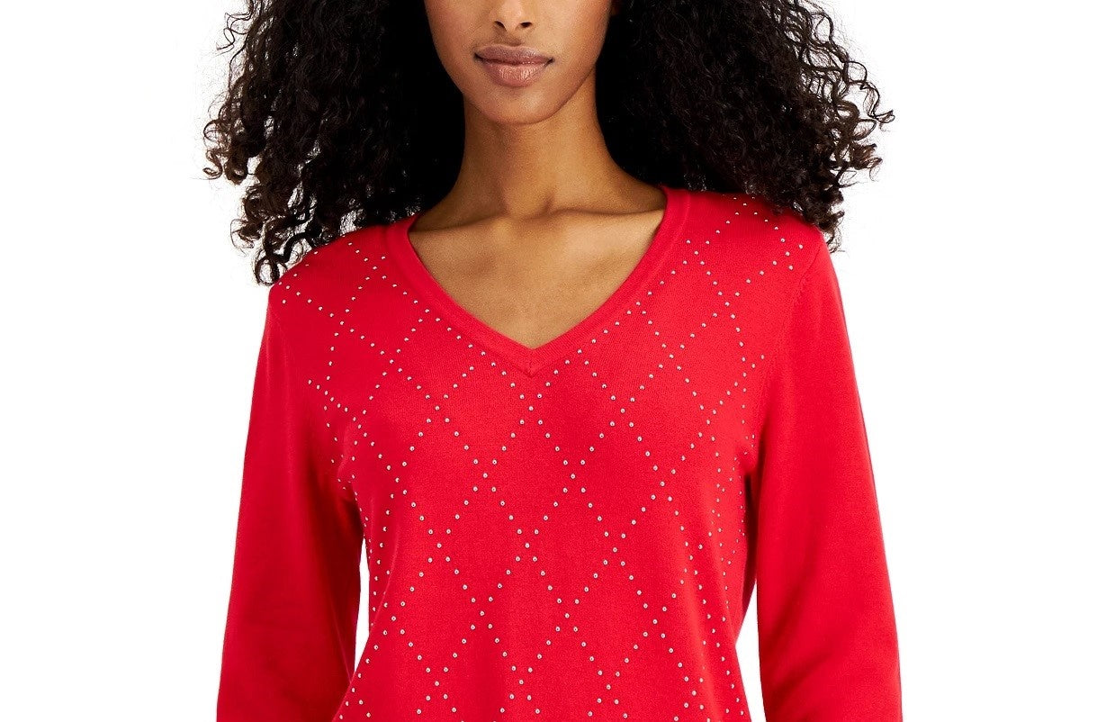 Suéter Tommy Hilfiger Feminino de Algodão Argyle com Tachas Vermelho Tamanho Grande