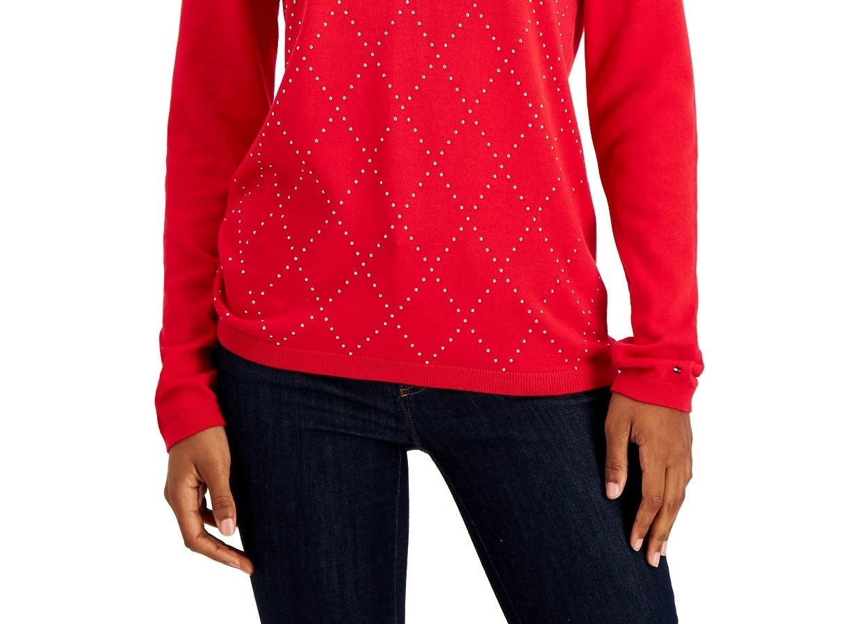 Suéter Tommy Hilfiger Feminino de Algodão Argyle com Tachas Vermelho Tamanho Grande
