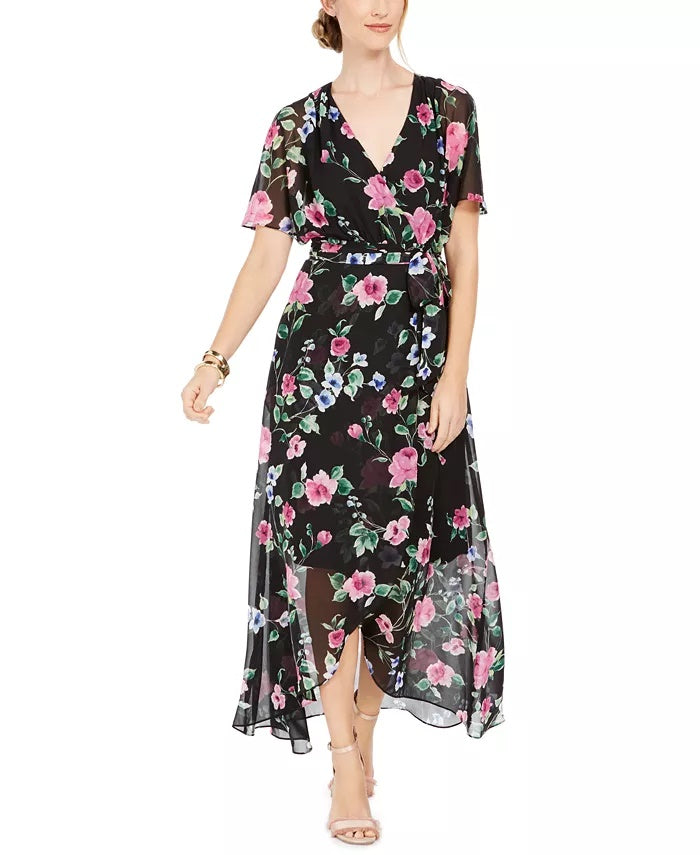Vestido longo feminino Jessica Howard com estampa floral e efeito envelope, cor carvão, tamanho 16