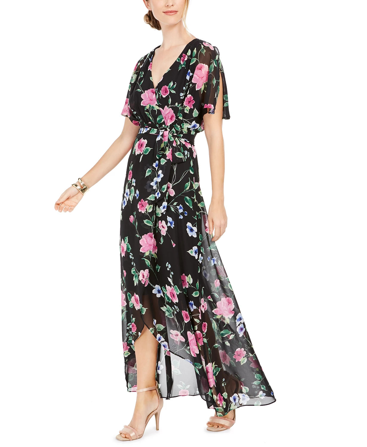 Vestido longo feminino Jessica Howard com estampa floral e efeito envelope, cor carvão, tamanho 16