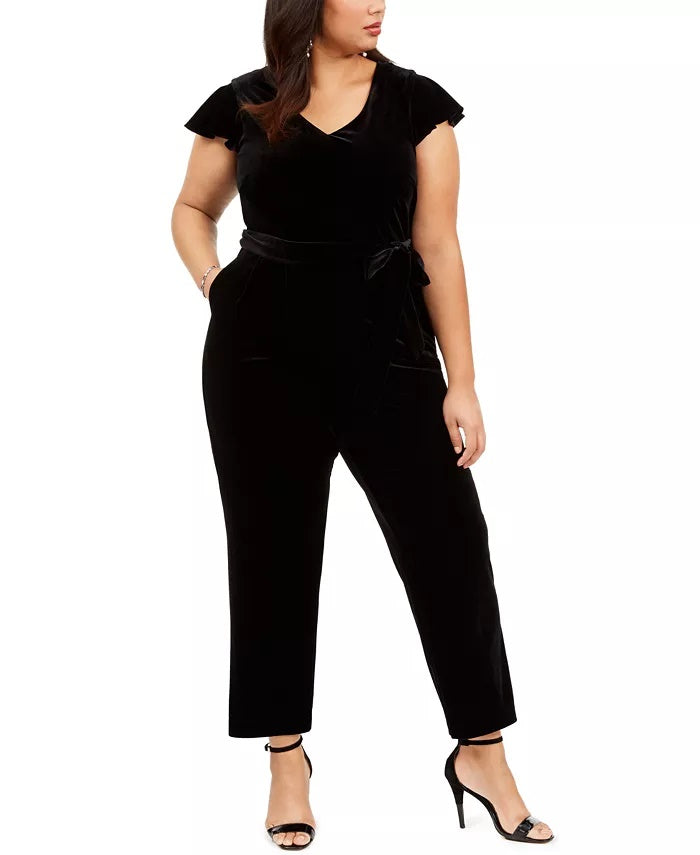 Jessica Howard Macacão feminino plus size de veludo com cinto, preto, tamanho pequeno e pequeno