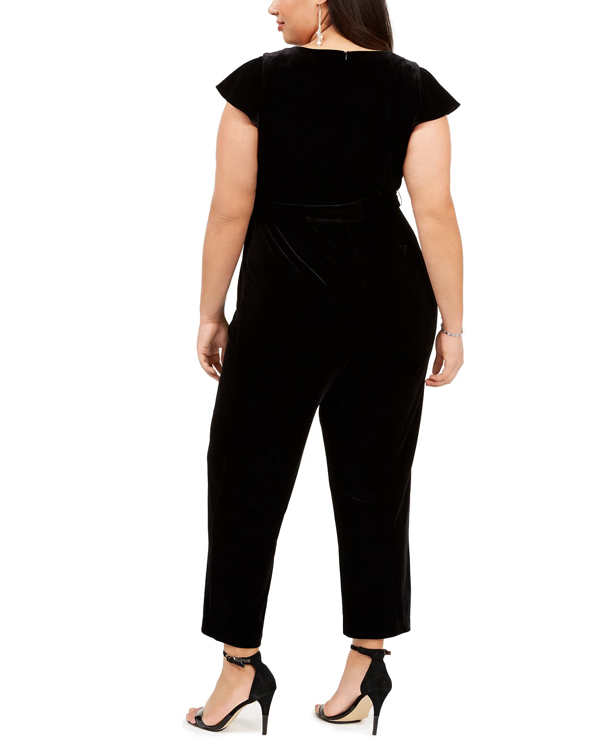 Jessica Howard Macacão feminino plus size de veludo com cinto, preto, tamanho pequeno e pequeno