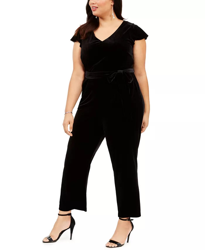 Jessica Howard Macacão feminino plus size de veludo com cinto, preto, tamanho pequeno e pequeno