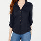 Camisa Crave Fame Junior com mangas dobradas e botões frontais, azul marinho, tamanho X-S