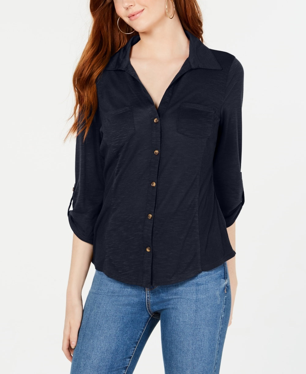 Camisa Crave Fame Junior com mangas dobradas e botões frontais, azul marinho, tamanho X-S