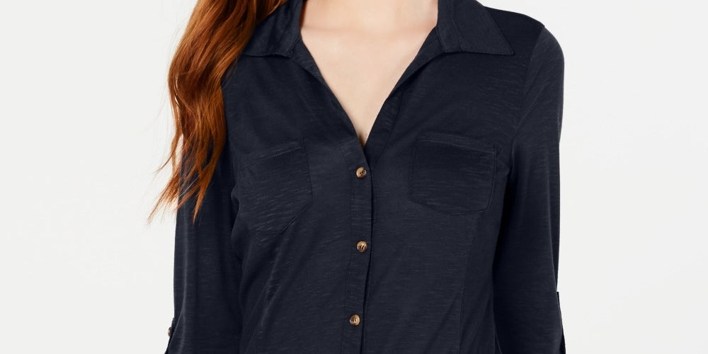 Camisa Crave Fame Junior com mangas dobradas e botões frontais, azul marinho, tamanho X-S
