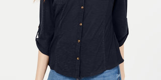 Camisa Crave Fame Junior com mangas dobradas e botões frontais, azul marinho, tamanho X-S