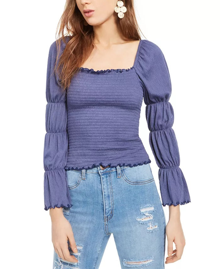 Rewash Junior's Smocked Ruffle Trimmed Top Azul Tamanho Grande
