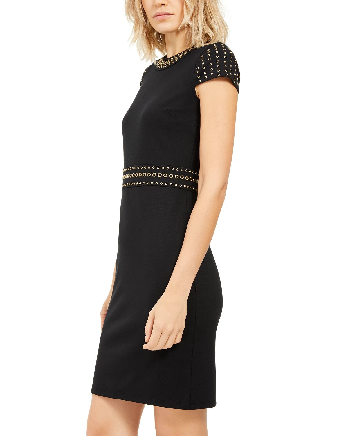 Vestido de coquetel curto com decote em joia e manga curta Michael Kors feminino, preto, tamanho grande