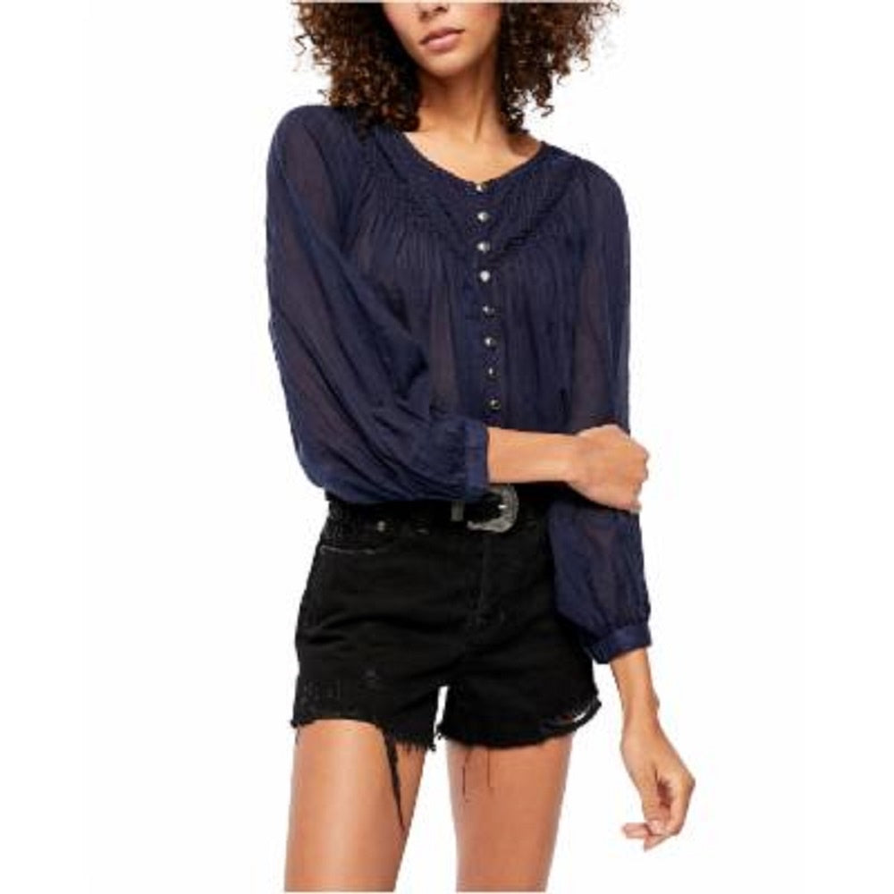Blusa Free People Cool Meadow Peasant Feminina Grande Nwt Marinho Tamanho Grande