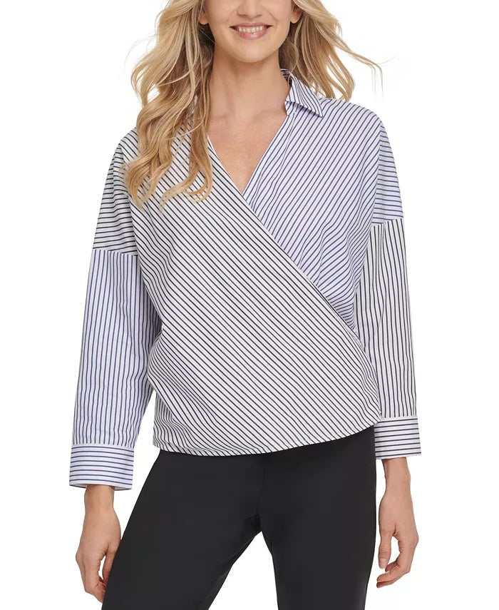 Blusa envolvente listrada de algodão feminina DKNY, branca, tamanho grande