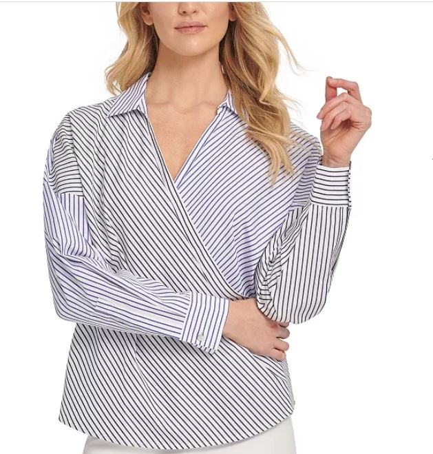 Blusa envolvente listrada de algodão feminina DKNY, branca, tamanho grande