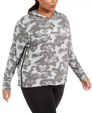 Calvin Klein Performance Moletom com capuz feminino plus size com estampa camuflada e logotipo, cor carvão, tamanho 1X