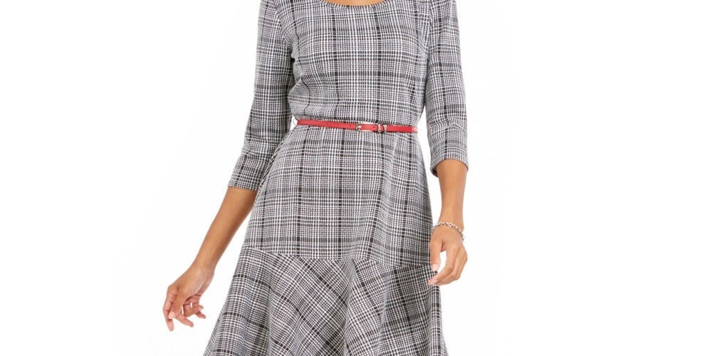 Vestido feminino xadrez justo e evasê NY Collection, preto, tamanho pequeno médio