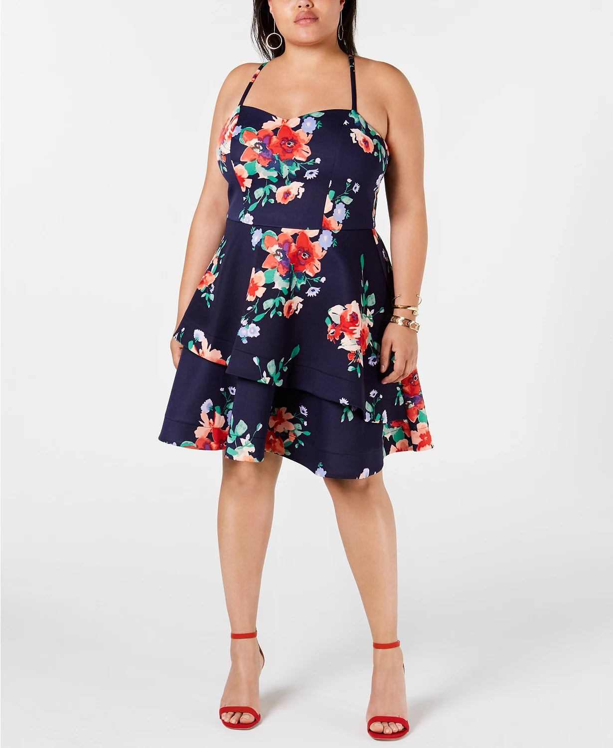 Vestido feminino com corte evasê floral moderno e estampado com lantejoulas e corações, vermelho, tamanho 18