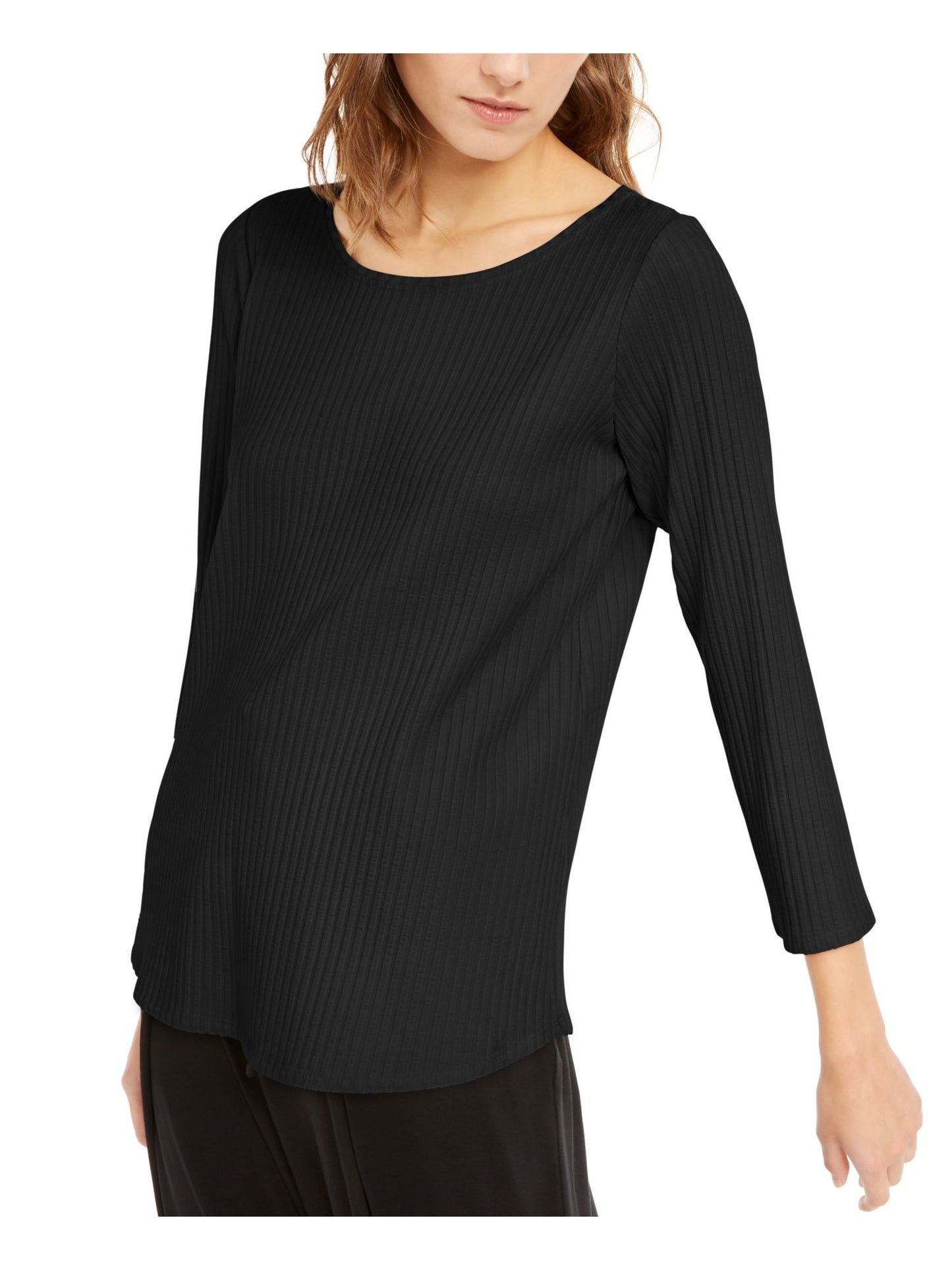 Blusa feminina Eileen Fisher de manga comprida e decote redondo, preta, tamanho pequeno e pequeno