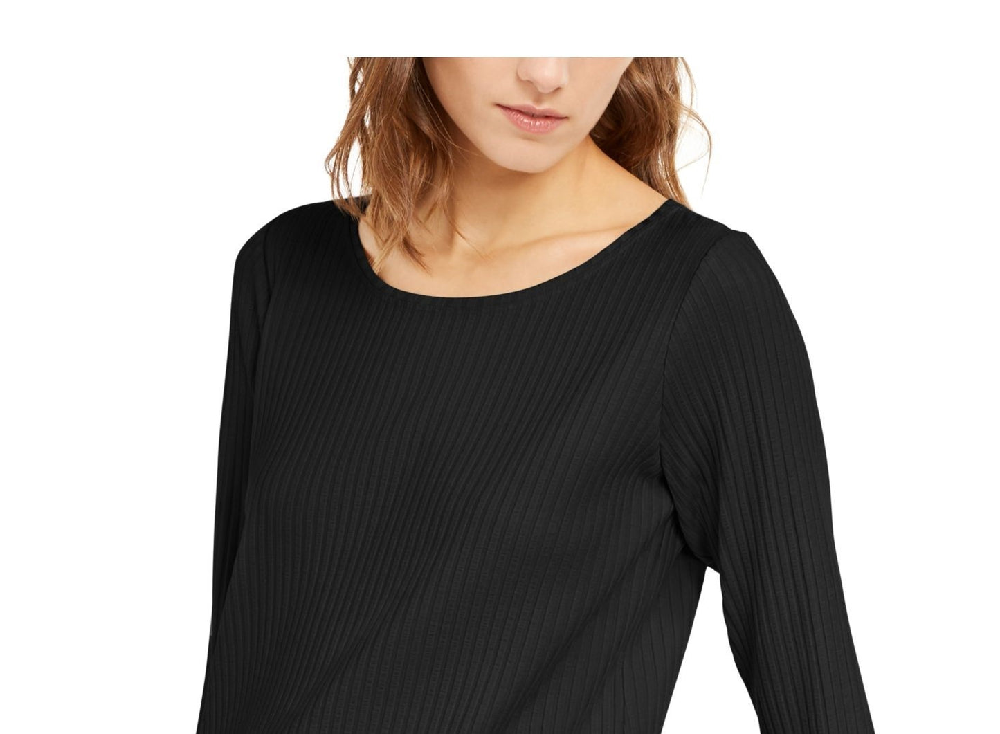 Blusa feminina Eileen Fisher de manga comprida e decote redondo, preta, tamanho pequeno e pequeno