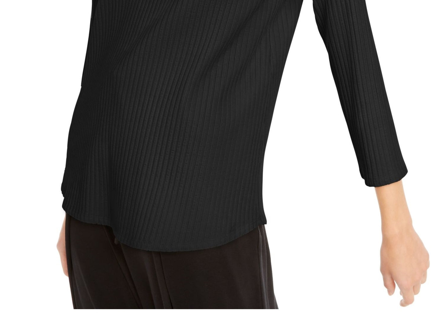 Blusa feminina Eileen Fisher de manga comprida e decote redondo, preta, tamanho pequeno e pequeno