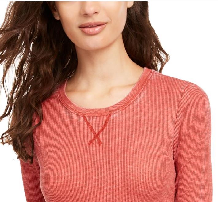 Blusa de malha waffle com decote redondo Ultra Flirt Junior, marrom, tamanho médio