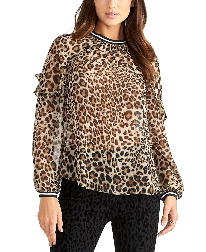 Blusa transparente com estampa de leopardo Rachel Roy feminina, bege, tamanho 8